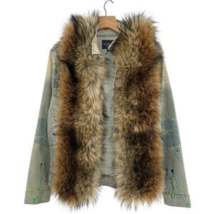 Rockstar Original Fur Trim Denim Paint Splatter Hooded Jean Jacket L